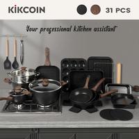 [Hot Picks]31 PCS Kikcoin pots pans set Cookware Nonstick,complete Bakeware,Wooden Handle,Silicone Utensil,Skillet,Saucepan,F...