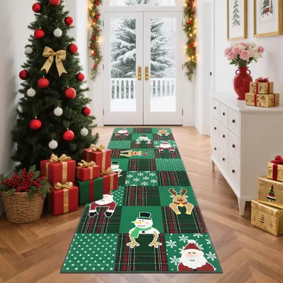 Garvee Christmas Runner Rug 2x6, Non Slip, Washable, Low Pile, Stain Resistant, Checkered Santa Claus Design, Green, Holiday ...