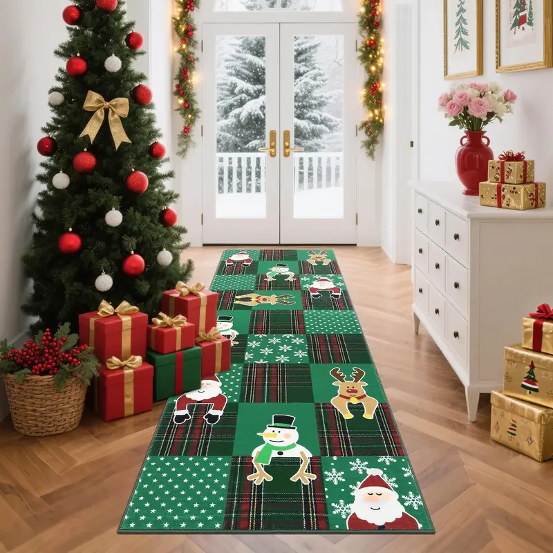 Garvee Christmas Runner Rug 2x6, Non Slip, Washable, Low Pile, Stain Resistant, Checkered Santa Claus Design, Green, Holiday ...