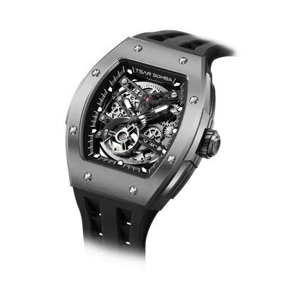 TSAR BOMBA Men's Automatic Watch | Black | Stainless Steel Case | Titanium Bezel | Japanese Mechanical Skeleton Movement | Lu...