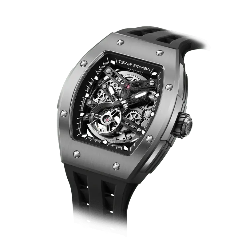 TSAR BOMBA Men's Automatic Watch | Black | Stainless Steel Case | Titanium Bezel | Japanese Mechanical Skeleton Movement | Lu...
