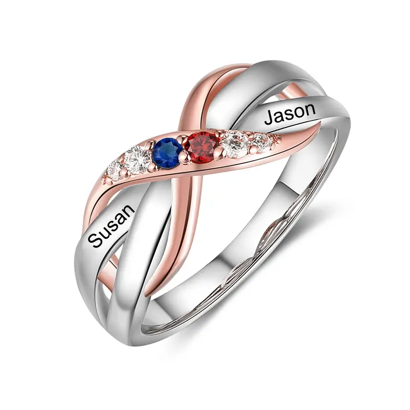 10K Gold Two-tone Round Zircon Personalized Birthstone Name Infinity Symbol Ring