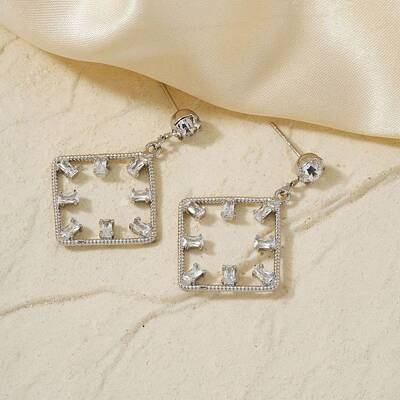 Geometric Hollow Design Brass Pave Clear Cubic Zirconia Stud Earrings