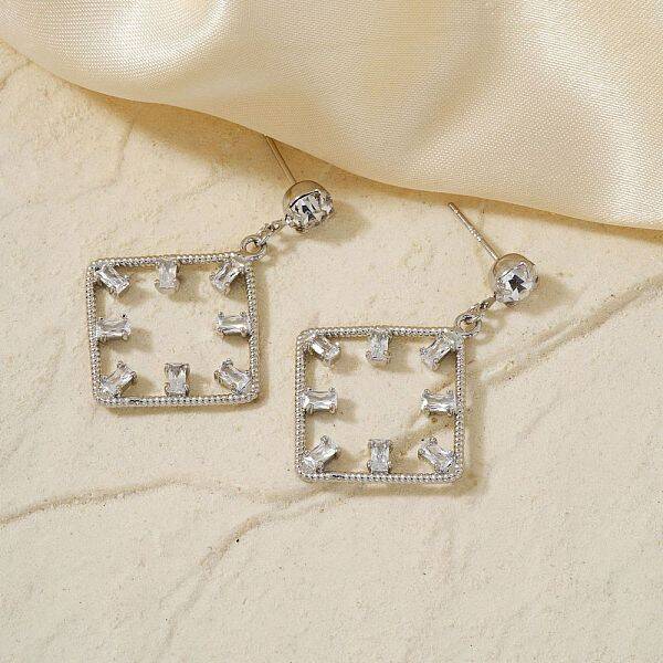 Geometric Hollow Design Brass Pave Clear Cubic Zirconia Stud Earrings