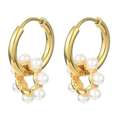 Brass Flower with Plastic Pearls Beaded Dangle Hoop Earrings