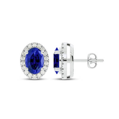 Opulent Lab Grown Diamond Whisper Halo Earrings | 14K White Gold 3/4 ct. tw. Diamond & 9X7mm Oval Sapphire