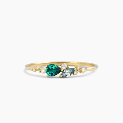 Pear Cut Emerald Ring Marquise Moss Agate Diamond Cluster Engagement Ring