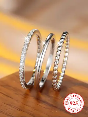 S925 Sterling Silver Simple Plain Ring Set, Fashion Accessories for Women & Girls, Trendy All-match & Exquisite Jewelry for B...