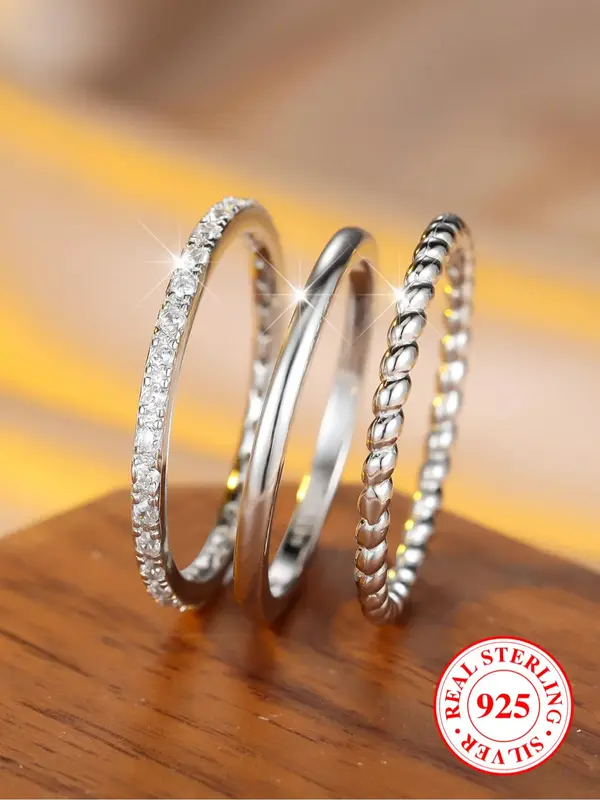 S925 Sterling Silver Simple Plain Ring Set, Fashion Accessories for Women & Girls, Trendy All-match & Exquisite Jewelry for B...