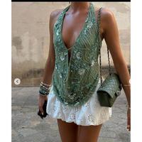 Women's Sequin Sparkly Halter Crop Top Sexy Open Front Backless Tank Top Bling Glitter Floral Beads Vest Party
