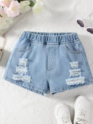 Girl's Fashionable Ripped Denim Shorts, Casual Comfy Distressed Shorts for Summer, Kids Bottoms for Daily Wear