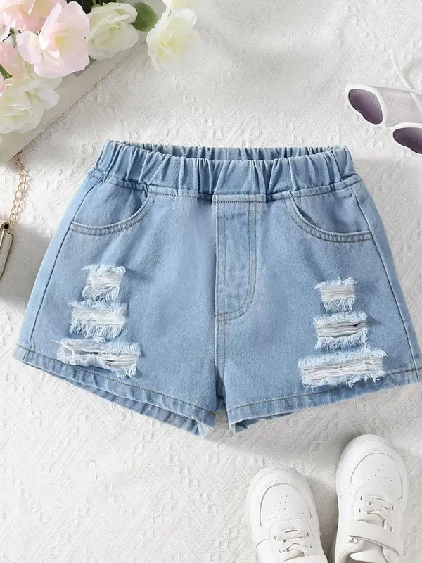 Girl's Fashionable Ripped Denim Shorts, Casual Comfy Distressed Shorts for Summer, Kids Bottoms for Daily Wear