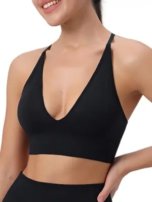 Women's Criss Cross Backless Deep V Neck Sports Bra, Solid Adjustable Strap Removable Padded Sports Bra, Ladies Sportswear fo...