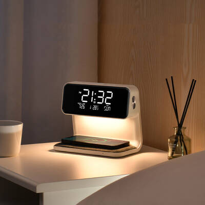 3 In 1 Bedside Lamp LCD Screen Alarm Clock  Wireless Phone Charger