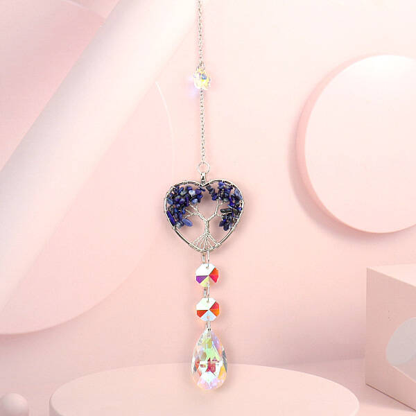 Wire Wrapped Natural Lapis Lazuli Heart with Tree of Life Pendant Decorations
