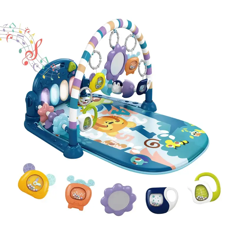 dearlomum Baby Play Mat Baby Gym with Piano Design 5 Sensory Toys Music Lights Blue Gift for Newborn Boys Girls