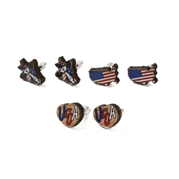 3 Pairs 3 Styles Independence Day Theme Wood Stud Earrings Sets