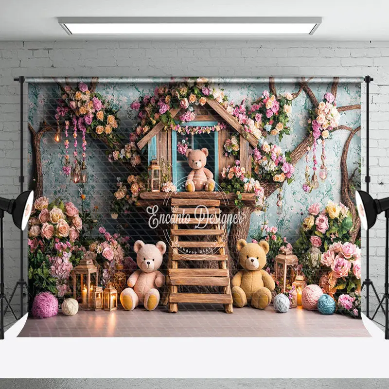 Colorful Floral Wood House Bear Cake Smash Backdrop - Aperturee