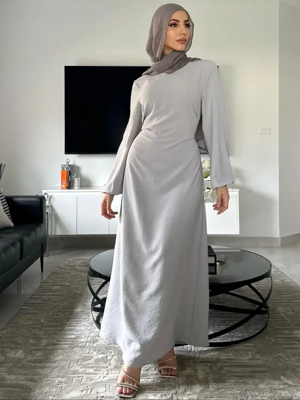 Women's Solid Color Tie Waist Dress, Elegant Long Sleeve Round Neck Dress for Muslim, Ladies Islamic Clothing for All Seasons