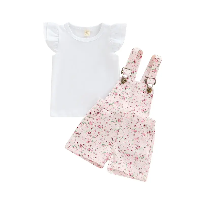 Canrulo 2Pcs Toddler Baby Girls Short Overalls Set Fly Sleeve T Shirt Tops + Floral Suspender Shorts 1T 2T 3T 4T 5T Kids Casu...