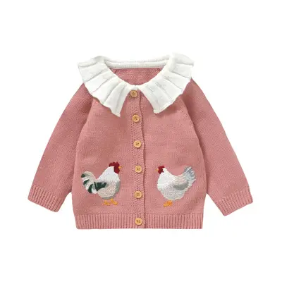 Baby Girl Sweater Cardigan Rooster Embroidery Doll Collar Long Sleeve Button Down Tops Fall Winter Cute Clothes