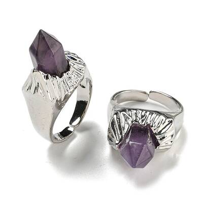 Hexagonal Prism Natural Amethyst Open Cuff Rings