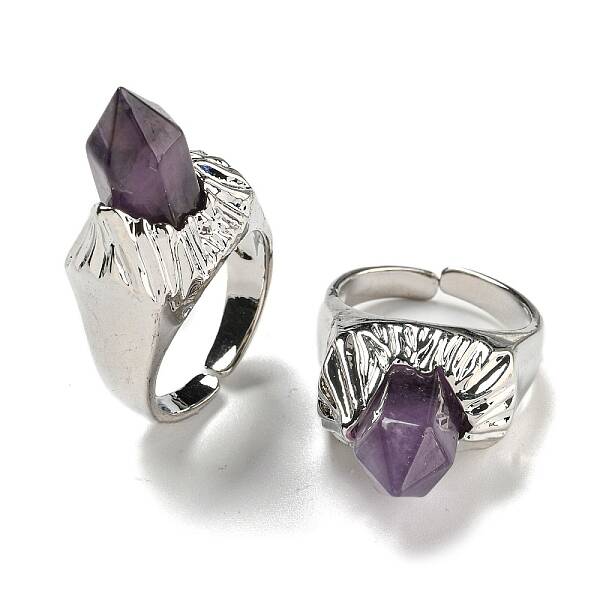 Hexagonal Prism Natural Amethyst Open Cuff Rings