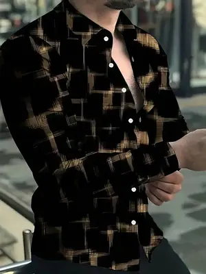 Men's All Over Print Button Front Shirt, Casual Regular Fit Long Sleeve Collared Top for Daily Wear, Fashion Men's Clothes fo...