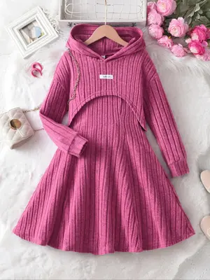 Young girl's fashionable long-sleeve hoodie with letter patch decorations, set includes umbrella skirt and strap dress, suita...