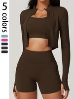 Women Yoga lounge suit Workout Gym High Waist Shorts Sets Crew Neck long sleeve zipper riding climbing Solid Color Elastic ou...