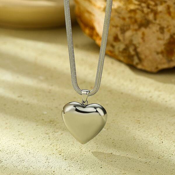 304 Stainless Steel Heart Pendant Flat Snake Chain Necklaces for Women