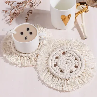 Woven Tassel Round Coaster, 1 Count Boho Handmade Macrame Drink Coaster, Heat Resistant Cup Mat For Home Cafe Teahouse