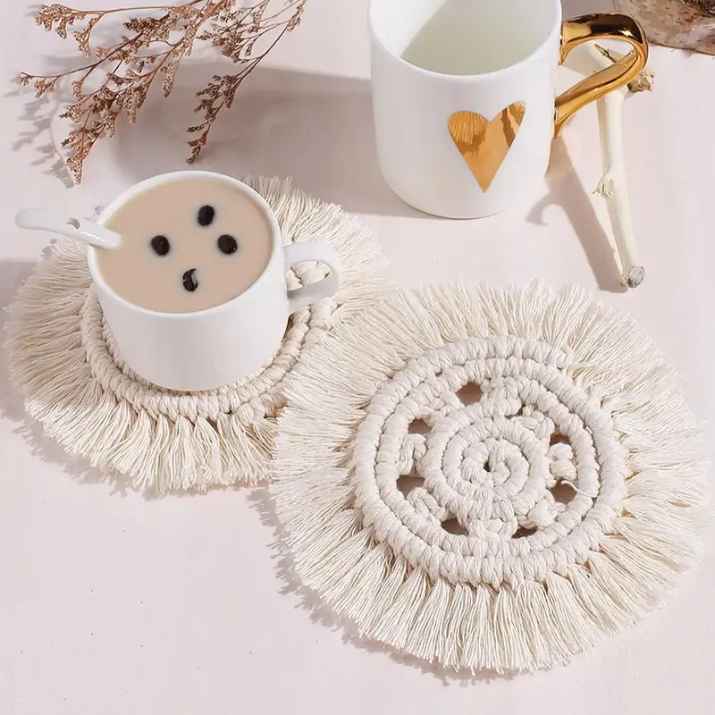 Woven Tassel Round Coaster, 1 Count Boho Handmade Macrame Drink Coaster, Heat Resistant Cup Mat For Home Cafe Teahouse