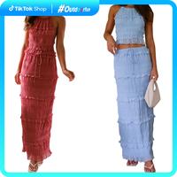 Women Summer Outfit Shirred Tie-up Halter Neck Sleeveless Open Black Tank Tops Drawstring Long Skirt 2 Pcs Set Outdoorfun gue...