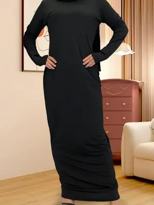 Women's Solid Long Sleeve Dress, Modest Casual Round Neck Long Dress for Daily Wear, Muslim Sleepwear & Loungewear for All Se...
