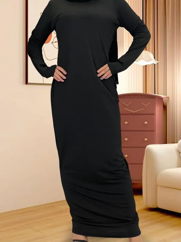Women's Solid Long Sleeve Dress, Modest Casual Round Neck Long Dress for Daily Wear, Muslim Sleepwear & Loungewear for All Se...