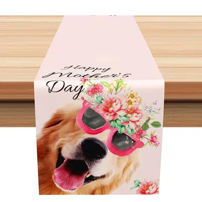 Pink Floral Doggy Happy Mothers Day Table Runner - Aperturee
