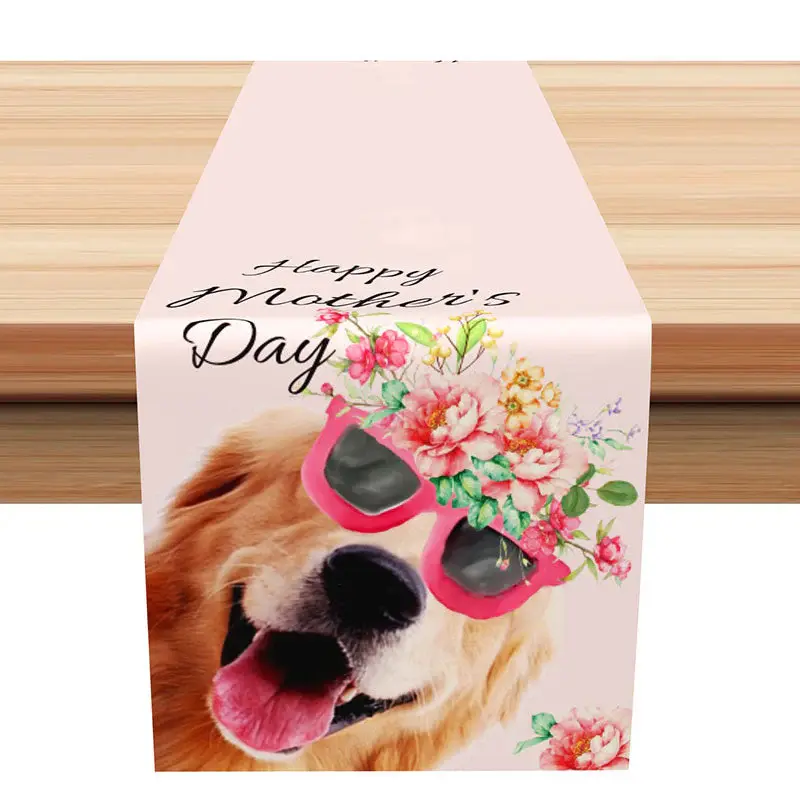 Pink Floral Doggy Happy Mothers Day Table Runner - Aperturee