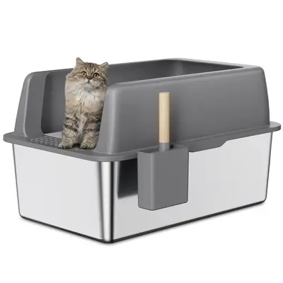 14 Inch High-Side Large Stainless Steel Cat  Litter Box  Non Stick Litter Box with a Hood Pet Supplies  Odor Free Litter Box ...