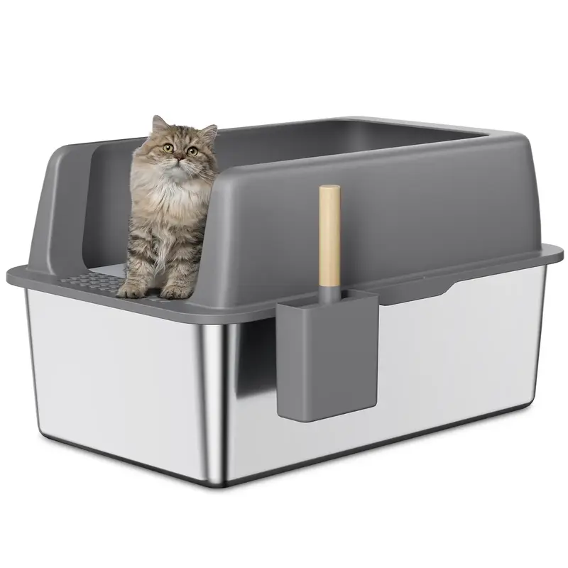 14 Inch High-Side Large Stainless Steel Cat  Litter Box  Non Stick Litter Box with a Hood Pet Supplies  Odor Free Litter Box ...