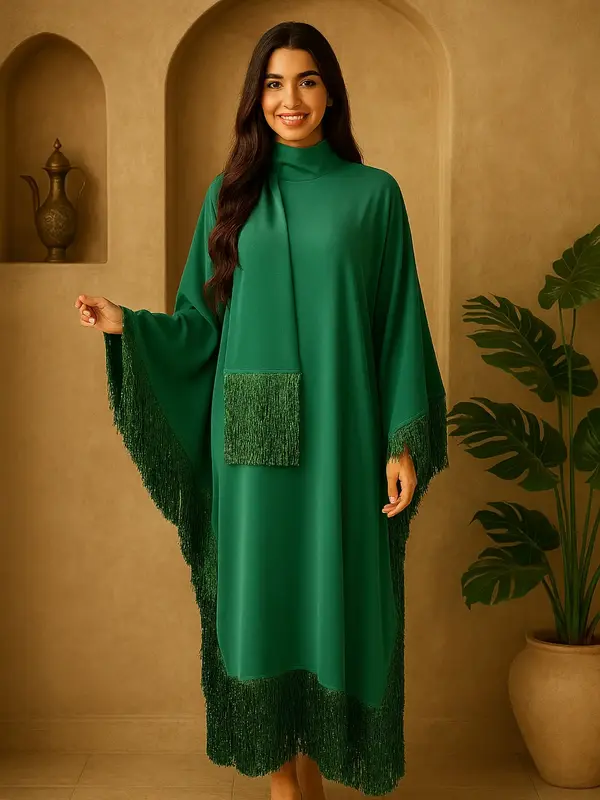 Elegant Women's Batwing Sleeve Tassel Fashion Robe Dress, Slim-Fitting Woven Fabric, Fall & Winter Long Dress, Moderate Thick...