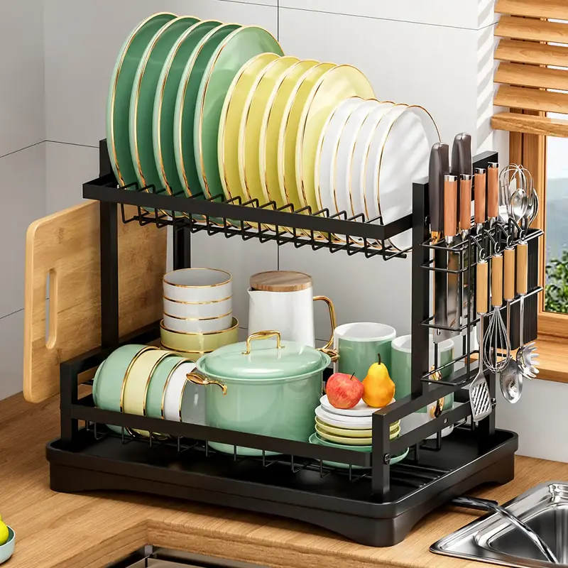 San Dream 2-Tier Dish Drying Rack Ktichen Dishes Drain Rack Multifunctional Dish Rack Large Capacity Space Saving Metal Stora...