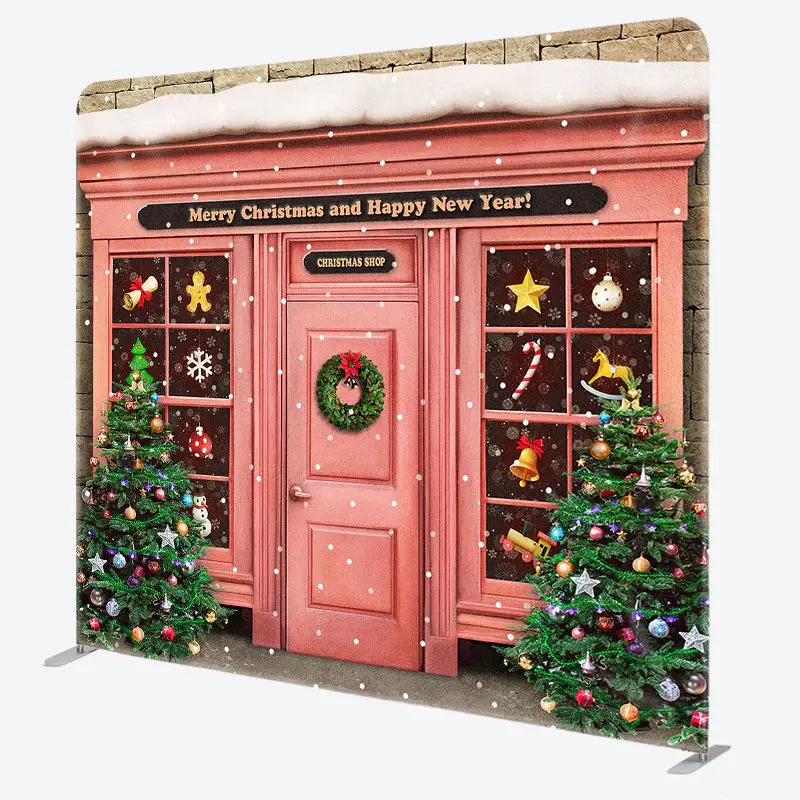 Aperturee Snowy Pink Christmas Shop Square Arch Fabric Backdrop - Aperturee