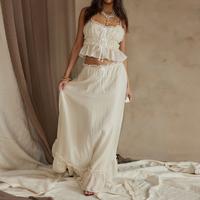 Women's 2 Piece Skirt Outfits Sleeveless Ruffle Trim Camisole Long Tie Up Skirt Set Womenswear Check Light Overalls