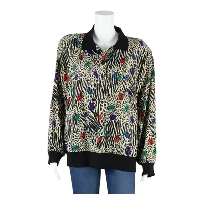 WOMENS NOTATIONS Blouse Beige Collared Animal Print Long Sleeve Womens L