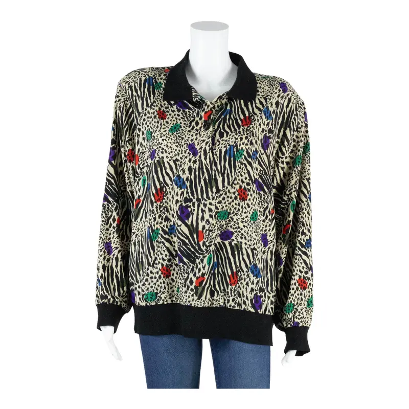 WOMENS NOTATIONS Blouse Beige Collared Animal Print Long Sleeve Womens L