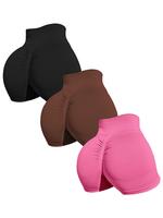 Women's Plain Ruched High Waist Sports Skinny Gym Shorts, Gym Clothes, Sporty Wide Waist Band Seamless Short Leggings for Yog...