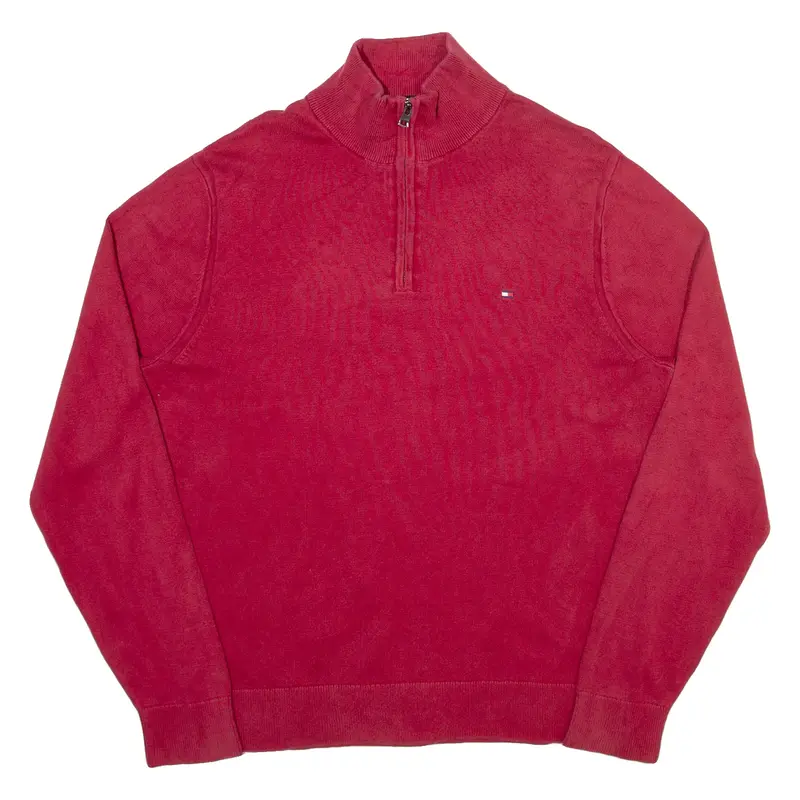 TOMMY HILFIGER Mens Jumper Red 1/4 Zip Tight Knit L