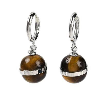 304 Stainless Steel & Natural Tiger Eye Round Hoop Earrings for Women