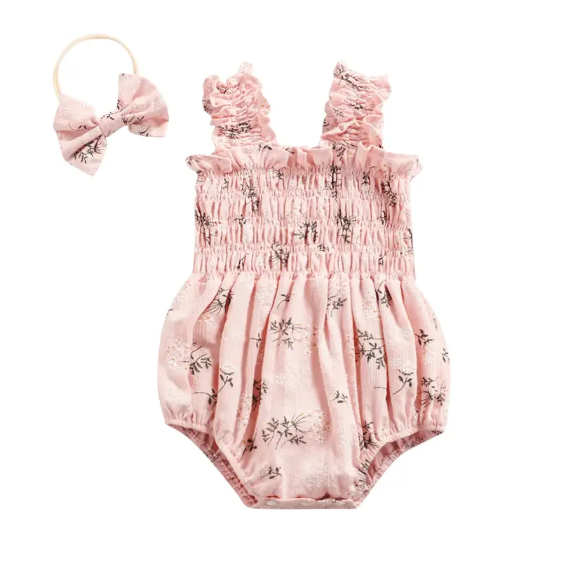 Newborn Baby Girl Bodysuit Sleeveless Floral Halter Frill Romper  Jumpsuit with Headband Summer Outfits